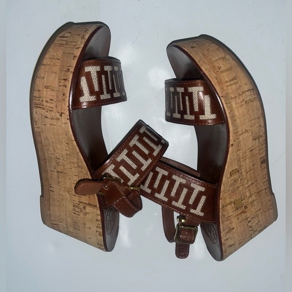 Tory burch regan burlap T logo platform wedge Leather sandals US 7M Brown​​​​​ - Picture 3 of 6